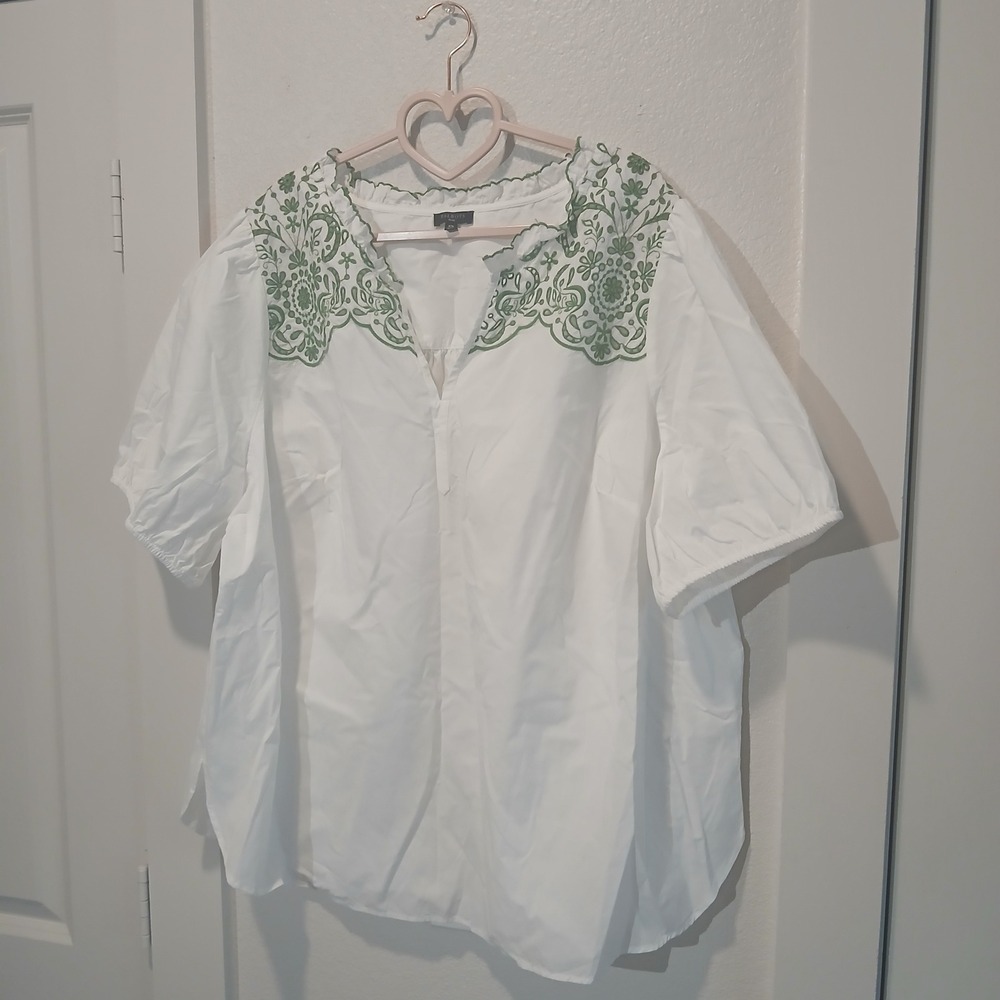 Talbots Plus Womens 2X White Green Embroidered Cotton Peasant Blouse Top
